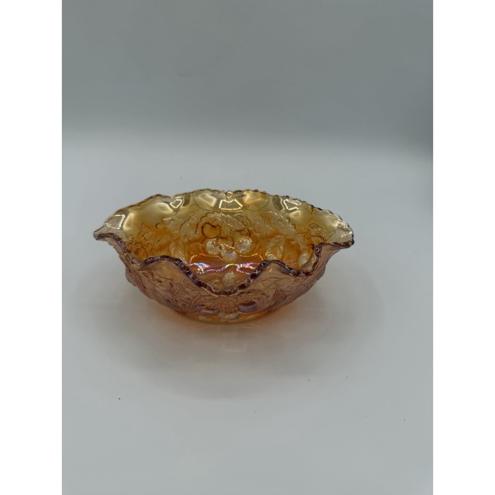 ✨🍒 Dugan Carnival Glass Bowl – Wreathed Cherries – Marigold 🍒✨Antique-Stunning